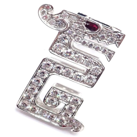 Authentic! Cartier Le Baiser Du Dragon 18k White Gold Diamond Ruby Pin Clip - Picture 1 of 8